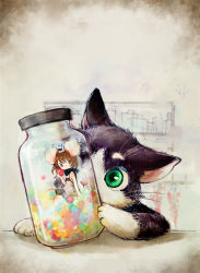 Rule 34 | 1girl, animal ears, animal focus, bad id, bad pixiv id, bottle, brown hair, candy, cat, chibi, deko, food, green eyes, in bottle, in container, mini person, minigirl, mouse ears, original, scarf, shirt, sitting, skirt, sleeveless, sleeveless shirt, solo
