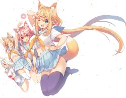 Rule 34 | 4girls, ;d, animal ear fluff, animal ears, arms up, black legwear, blonde hair, blue eyes, blue skirt, breasts, closed eyes, commentary request, confetti, covering privates, covering crotch, eating, food, fox ears, fox tail, hair between eyes, hair ornament, hair scrunchie, hand on own hip, heart, highres, holding, holding food, jumping, legs up, long hair, medium breasts, midair, midriff, multiple girls, navel, neckerchief, one eye closed, open mouth, original, p19, pink hair, pleated skirt, popsicle, rabbit ears, red eyes, round teeth, school uniform, scrunchie, serafuku, shirt, shoes, short sleeves, sidelocks, skirt, smile, spoken heart, tail, teeth, thighhighs, twintails, v, v arms, very long hair, virtual youtuber, white background, white hair, white legwear, white shirt, wing collar, x hair ornament, yellow neckerchief