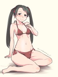 Rule 34 | 1girl, barefoot, bikini, black hair, breasts, brown bikini, brown eyes, collarbone, commentary request, highres, kantai collection, long hair, looking at viewer, mikuma (kancolle), side-tie bikini bottom, simple background, small breasts, smile, solo, swimsuit, thrux, twintails, white background