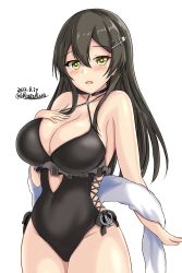 Rule 34 | 1girl, black hair, black one-piece swimsuit, breasts, casual one-piece swimsuit, cleavage, commentary request, cosplay, cowboy shot, dated, frilled one-piece swimsuit, frilled swimsuit, frills, hair ornament, hairclip, highres, kantai collection, large breasts, long hair, montemasa, one-hour drawing challenge, one-piece swimsuit, oyashio (kancolle), sagiri (kancolle), sagiri (kancolle) (cosplay), shawl, side-tie swimsuit, simple background, solo, swimsuit, thick thighs, thighs, twitter username, white background, white shawl, yellow eyes