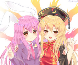 Rule 34 | 2girls, :d, animal ears, artist name, aura, black dress, black jacket, blazer, blonde hair, blush, breasts, commentary request, crescent, crescent pin, dress, hair between eyes, hand on another&#039;s shoulder, hand up, headdress, highres, jacket, junko (touhou), long hair, long sleeves, looking at viewer, medium breasts, multiple girls, neck ribbon, necktie, open mouth, pink neckwear, purple hair, rabbit ears, ramudia (lamyun), red eyes, reisen udongein inaba, ribbon, shirt, sidelocks, simple background, smile, tabard, tassel, touhou, twitter username, upper body, v, white background, white shirt, wide sleeves, yellow ribbon