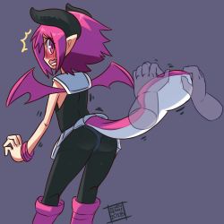 Rule 34 | 1girl, ass, bare shoulders, blush, boots, bracelet, demon girl, demon horns, demon tail, demon wings, disgaea, disgaea 3, embarrassed, fang, from behind, full-face blush, horns, jewelry, looking back, open mouth, pantyhose, pink eyes, pink hair, raspberyl, school uniform, short hair, skirt, solo, surprised, tail, tumother, wings