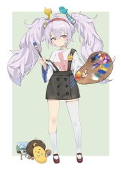 Rule 34 | 1girl, afro, ahoge, alternate costume, animal print, asymmetrical legwear, azur lane, black skirt, bob ross, bob ross (cosplay), border, canvas (object), commentary request, cosplay, facing viewer, full body, green background, grey background, hairband, highres, laffey (azur lane), long hair, long sleeves, looking at viewer, manjuu (azur lane), mary janes, outside border, paint splatter, paint splatter on face, paint tube, paint tube hair ornament, paintbrush, palette (object), purple hair, rabbit print, red eyes, romana, shoes, simple background, single thighhigh, skirt, socks, standing, suspender skirt, suspenders, suspenders slip, the joy of painting, thighhighs, trim brush, twintails, two-tone background, uneven legwear, white background, white border, white thighhighs, zettai ryouiki