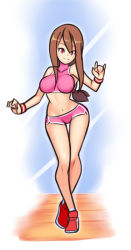 Rule 34 | 1girl, blue background, blush, breasts, brown hair, collarbone, crop top, digimon, digimon adventure, drantyno, highres, large breasts, long hair, looking at viewer, midriff, navel, aged up, pink eyes, pink shirt, pink shorts, ponytail, red footwear, shirt, shoes, shorts, smile, sneakers, socks, standing, white socks, wristband, yagami hikari