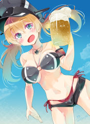 Rule 34 | 10s, 1girl, alcohol, aqua eyes, bare shoulders, beer, beer mug, bikini, bikini under clothes, blonde hair, blue eyes, blush, breasts, cup, female focus, hat, highres, imu sanjo, jewelry, kantai collection, large breasts, long hair, looking at viewer, mug, navel, necklace, o-ring, o-ring bikini, o-ring top, open fly, open mouth, peaked cap, prinz eugen (kancolle), short shorts, shorts, side-tie bikini bottom, smile, solo, spread legs, standing, swimsuit, swimsuit under clothes, twintails