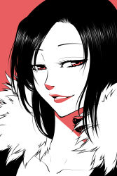 Rule 34 | 10s, 1girl, aidesa, bad id, bad pixiv id, black hair, eyelashes, fur trim, happy, highres, lipstick, looking at viewer, makeup, merlin (nanatsu no taizai), mole, mole under eye, nanatsu no taizai, portrait, red background, red eyes, short hair, simple background, smile, solo