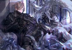 Rule 34 | 1boy, alien, bad id, bad twitter id, battle, belt, black gloves, black jacket, blue eyes, brown hair, chromatic aberration, dripping, gloves, gun, highres, holding, holding gun, holding weapon, jacket, original, pointing weapon, reckless dog, rock, science fiction, tentacles, weapon