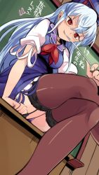 Rule 34 | 1girl, akuma (akuma0907), bespectacled, blue dress, blue hair, brown thighhighs, chalkboard, crossed legs, dress, dutch angle, from below, garter straps, glasses, hat, highres, kamishirasawa keine, long hair, looking at viewer, md5 mismatch, panties, pantyshot, puffy sleeves, purple panties, red eyes, resized, resolution mismatch, ribbon, short dress, short sleeves, sitting, smile, solo, source larger, text focus, thighhighs, tongue, tongue out, touhou, underwear