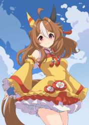 Rule 34 | 1girl, ahoge, animal ears, bare shoulders, blue gloves, blue sky, breasts, brown hair, closed mouth, cloud, cloudy sky, commentary request, copano rickey (umamusume), cowboy shot, double bun, dress, ear covers, ear ornament, frilled dress, frills, gloves, hair between eyes, hair bun, hair ornament, highres, horse ears, horse girl, horse tail, looking at viewer, medium breasts, multicolored hair, pink eyes, shiromaru illust, sky, sleeveless, sleeveless dress, smile, solo, streaked hair, tail, tassel, tassel hair ornament, umamusume, white hair, wide sleeves, yellow dress