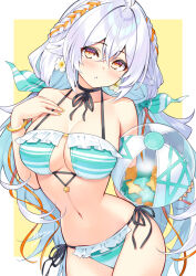 1girl ball beachball bikini breasts commentary_request cu-no green_bikini highres hisen_kaede holding holding_ball holding_beachball horizontal-striped_bikini large_breasts long_hair looking_at_viewer low_twintails navel orange_eyes rapua_qive side-tie_bikini_bottom solo striped_bikini striped_clothes swimsuit twintails two-tone_background white_background white_hair yellow_background