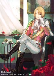 Rule 34 | 1boy, ;), belt, black footwear, blonde hair, boots, chair, copyright name, cup, curtains, day, flower, full body, gloves, hand up, helix saga, indoors, kanashiki, crossed legs, looking at viewer, male focus, official art, one eye closed, painting (object), pants, petals, smile, solo, table, tablecloth, teacup, teapot, vest, watermark, web address, white gloves, white neckwear, white pants