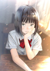 Rule 34 | 1girl, aqua eyes, black hair, blurry, blurry background, bob cut, bow, chair, classroom, closed mouth, desk, furai, hatching (texture), head rest, highres, indoors, light particles, light rays, looking at viewer, medium hair, neckerchief, open window, original, petals, red bow, red neckerchief, school chair, school desk, sitting, solo, window