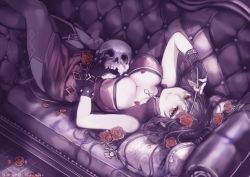 Rule 34 | 1girl, black hair, breasts, cleavage, closed mouth, commentary, commission, couch, dress, english commentary, flower, garter straps, holding, holding flower, holding skull, komota (kanyou shoujo), large breasts, looking at viewer, lying, muted color, on back, original, red flower, red rose, rose, skeb commission, skull, smile, solo, thighhighs, yellow eyes