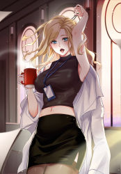 Rule 34 | 1girl, absurdres, adjusting hair, alternate costume, arm up, armpits, bad id, bad pixiv id, black skirt, blue eyes, breasts, brown thighhighs, coffee mug, covered erect nipples, crop top, cup, eyelashes, eyeliner, hair down, hair ornament, hairpin, helen roro, highres, lab coat, lanyard, large breasts, lips, looking at viewer, makeup, mercy (overwatch), mole, mole on neck, mole on stomach, mug, off shoulder, open mouth, overwatch, overwatch 1, pencil skirt, see-through, see-through legwear, side slit, skirt, solo, swept bangs, thighhighs