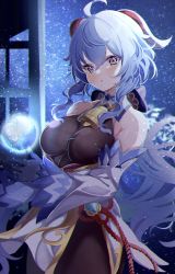 Rule 34 | 1girl, ahoge, bare shoulders, bell, blue hair, blush, bodice, bodystocking, bodysuit, breasts, brown bodysuit, chinese knot, cowbell, detached sleeves, flower knot, ganyu (genshin impact), genshin impact, gloves, gold trim, highres, horns, large breasts, looking at viewer, neck bell, orb, outdoors, purple eyes, sa-ya2, solo, vision (genshin impact), waist cape, white sleeves
