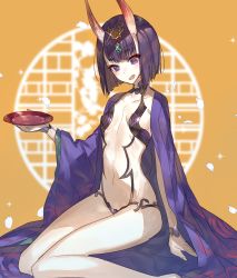 Rule 34 | 1girl, :d, alcohol, arm support, bad id, bad twitter id, blush, breasts, cherry blossoms, chocoan, collarbone, cup, eyeshadow, fang, fate/grand order, fate (series), hair ornament, highres, horns, japanese clothes, kimono, looking at viewer, makeup, midriff, navel, oni, open clothes, open kimono, open mouth, petals, purple eyes, purple hair, revealing clothes, sakazuki, sake, short hair, shuten douji (fate), shuten douji (first ascension) (fate), small breasts, smile, solo