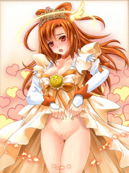 Rule 34 | 10s, 1girl, :o, blush, bottomless, bow, bow-shaped hair, choker, cure sunny, cure sunny (princess form), dress, elbow gloves, gloves, halo, head wings, heart, hino akane (smile precure!), long hair, makirin, orange dress, orange eyes, orange hair, orange theme, precure, pussy, smile precure!, solo, tiara, uncensored, wings