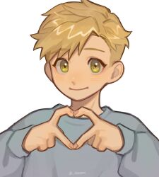 Rule 34 | 1boy, aecorn, alphonse elric, blonde hair, brown outline, close-up, commentary, english commentary, eyelashes, fingernails, fullmetal alchemist, grey sweater, hands up, heart, heart hands, highres, light blush, long sleeves, looking at viewer, male focus, outline, own hands together, simple background, smile, sweater, swept bangs, tareme, twitter username, upper body, white background, yellow eyes