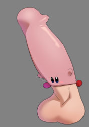 Rule 34 | 1boy, absurdres, condom, condom on penis, erection, fellatio, grey background, highres, kakikukeko556, kirby, kirby (series), kirby and the forgotten land, nintendo, oral, parody, penis, simple background, solo, testicles