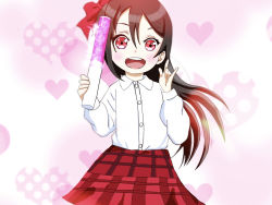 Rule 34 | 1girl, artist name, artist request, black hair, blush, bow, checkered clothes, checkered skirt, collared shirt, female focus, hair bow, holding, long hair, long sleeves, looking at viewer, love live!, love live! school idol festival, love live! school idol project, matcha grt, nico nico nii, parted lips, red bow, red eyes, red skirt, shirt, short hair, skirt, smile, solo, twintails, white skirt, yazawa nico