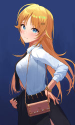 Rule 34 | 1girl, absurdres, ahoge, alternate costume, bag, bangle, belt, black necktie, black skirt, blonde hair, blue background, blue eyes, blush, bracelet, breasts, closed mouth, collared shirt, cowboy shot, eyebrows hidden by hair, eyes visible through hair, from side, glint, gold, hachimiya meguru, hair ornament, hairclip, hand on own hip, handbag, highres, holding, idolmaster, idolmaster shiny colors, jacket, unworn jacket, jewelry, large breasts, leaning forward, long hair, long sleeves, looking at viewer, necktie, office lady, product placement, shirt, shirt tucked in, side slit, sidelocks, simple background, skirt, smile, solo, starshell, tented shirt, tsurime, white shirt, wing collar