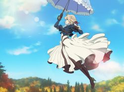 Rule 34 | 1girl, absurdres, arm up, blonde hair, blue eyes, blue jacket, blue sky, blue umbrella, boots, braid, brown footwear, brown gloves, chinese commentary, cloud, cloudy sky, commentary request, day, dress, forest, from side, full body, gloves, hair between eyes, hair intakes, hair ribbon, high heel boots, high heels, highres, holding, holding umbrella, jacket, lens flare, long hair, long sleeves, looking away, midair, nature, neckerchief, outdoors, parted lips, puffy long sleeves, puffy sleeves, red ribbon, ribbon, saoirse, sky, solo, sunlight, umbrella, violet evergarden, violet evergarden (series), white dress, white neckerchief