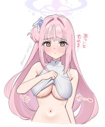 Rule 34 | 1girl, blue archive, blush, breasts, closed mouth, cropped torso, flower, hair bun, hair flower, hair ornament, halo, heart, large breasts, long hair, mika (blue archive), navel, pink hair, pink halo, purple flower, saionji mayoi, simple background, single side bun, solo, twitter username, underboob, upper body, white background, yellow eyes