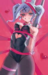 1girl arms_behind_back black_leotard bound clothing_cutout cuffs handcuffs hatsune_miku heart_cutout highres kanimiso_uni leotard playboy_bunny pole rabbit_hole_(vocaloid) short_hair solo thigh_strap vocaloid