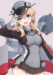 Rule 34 | adjusting clothes, adjusting headwear, anchor, anchor hair ornament, aqua eyes, black skirt, breasts, cannon, cross, gloves, grey background, hair ornament, hat, iron cross, kantai collection, low twintails, medium breasts, microskirt, military, military hat, military uniform, mitsuyo (mituyo324), peaked cap, pleated skirt, prinz eugen (kancolle), rigging, skirt, smokestack, turret, twintails, uniform, white gloves