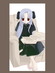Rule 34 | 00s, 1girl, barefoot, blue hair, book, feet, highres, houmitsu, len (tsukihime), melty blood, pointy ears, red eyes, solo, tsukihime, type-moon