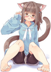 Rule 34 | 1girl, animal ear fluff, animal ears, barefoot, bike shorts, black shorts, blue hoodie, blush, breasts, brown eyes, brown hair, cat ears, cat girl, cat tail, clothes writing, commentary request, drawstring, full body, glasses, grey shorts, hair ornament, hairclip, hand up, highres, hood, hood down, hoodie, knees together feet apart, knees up, long hair, long sleeves, manabe mana, one side up, original, parted lips, puffy long sleeves, puffy sleeves, red-framed eyewear, semi-rimless eyewear, shorts, shorts under shorts, simple background, sitting, sleeves past wrists, small breasts, soles, solo, tail, under-rim eyewear, upshorts, wavy mouth, white background