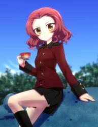 Rule 34 | 10s, 1girl, cloud, cup, day, girls und panzer, long sleeves, military, military vehicle, mizunashi (second run), motor vehicle, pleated skirt, red hair, rosehip (girls und panzer), short hair, skirt, sky, smile, solo, tank, teacup, tree, uniform, yellow eyes