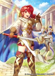 Rule 34 | alfonse (fire emblem), anna (fire emblem), armor, axe, battle axe, boots, commentary request, company name, copyright name, fire emblem, fire emblem cipher, fire emblem heroes, holding, holding sword, holding weapon, long hair, matsurika youko, nintendo, official art, outdoors, scale armor, sharena (fire emblem), short hair, smile, sparkle, sword, thigh boots, thighhighs, weapon