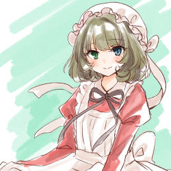 Rule 34 | 1girl, apron, black ribbon, blue eyes, blush, brown hair, closed mouth, commentary request, dress, frilled apron, frilled hat, frills, fringe trim, green eyes, hat, heterochromia, highres, idolmaster, idolmaster cinderella girls, juliet sleeves, long sleeves, looking at viewer, mob cap, mole, mole under eye, neck ribbon, puffy sleeves, red dress, ribbon, rino cnc, short hair, smile, solo, takagaki kaede, white apron, white hair
