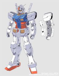 Rule 34 | artist name, clenched hands, grey background, gundam, looking down, mecha, mobile suit gundam, multiple views, no humans, redesign, robot, rx-78-2, shingo (picturepuzzle), yellow eyes