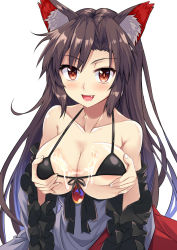 Rule 34 | 1girl, :d, animal ears, bikini, bikini top only, black bikini, blush, breasts, brooch, brown hair, collarbone, commentary request, cum, cum on body, cum on breasts, cum on upper body, dress, e.o., fang, grabbing, grabbing own breast, highres, imaizumi kagerou, jewelry, large areolae, large breasts, long hair, long sleeves, looking at viewer, micro bikini, micro bikini top, multicolored clothes, multicolored dress, open mouth, red dress, red eyes, simple background, smile, solo, swimsuit, touhou, upper body, very long hair, white background, white dress, wide sleeves, wolf ears