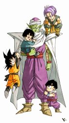 1girl 4boys black_eyes black_hair blue_eyes cape carrying carrying_person child clenched_hand colored_skin dougi dragon_ball dragonball_z full_body green_skin group_picture highres kakeru_(dbskakeru) medium_hair multiple_boys no_eyebrows orange_pants orange_shirt pan_(dragon_ball) pants piccolo pointy_ears purple_hair purple_pants purple_shirt red_sash sash shirt short_hair simple_background son_gohan son_goten spiked_hair trunks_(dragon_ball) white_background white_cape white_turban