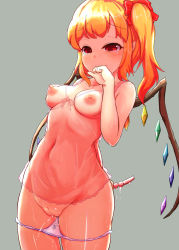 Rule 34 | 1girl, anal beads, blonde hair, blush, breasts, cleft of venus, cowboy shot, flandre scarlet, gradient background, grey background, highres, kaabon meshi, looking at viewer, medium breasts, nipples, no headwear, one side up, panties, panty pull, pussy juice, red eyes, see-through, sex toy, side ponytail, simple background, solo, touhou, underwear, wings