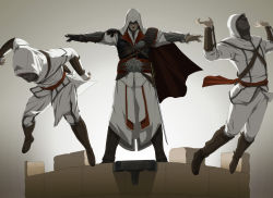 Rule 34 | 3boys, armor, assassin&#039;s creed, assassin&#039;s creed: brotherhood, assassin&#039;s creed (series), assassin&#039;s creed ii, asymmetrical clothes, beard, belt, boots, building, cape, ezio auditore da firenze, facial hair, gb (doubleleaf), gloves, highres, hood, male focus, manly, mask, multiple boys, outstretched arms, pauldrons, pushing, sash, shoulder armor, smile, spread arms, sword, tower, vambraces, weapon