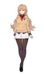 Rule 34 | 1girl, black pantyhose, breasts, brown eyes, brown hair, full body, hair ornament, kishiyo, loafers, long hair, looking at viewer, original, pantyhose, pleated skirt, revision, school uniform, shoes, simple background, sketch, skirt, solo, standing, sweater, white background