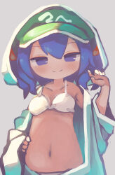 Rule 34 | 1girl, absurdres, bikini, blue eyes, blue hair, breasts, chii (tsumami tsumamare), closed mouth, commentary, grey background, hand on own hip, highres, hood, kawashiro nitori, looking at viewer, medium breasts, navel, short hair, simple background, smile, solo, swimsuit, symbol-only commentary, touhou, upper body, white bikini