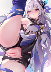 Rule 34 | 1girl, breasts, butterfly hair ornament, closed mouth, detached sleeves, expressionless, genshin impact, gradient gloves, grey hair, hair between eyes, hair ornament, leg up, long hair, looking at viewer, medium breasts, presenting pussy, pussy, simple background, skirk (genshin impact), solo, split, thighs, tomas (kaosu22), upper body, very long hair, white background