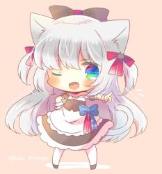 Rule 34 | 1girl, ;d, american flag, american flag print, animal ear fluff, animal ears, apron, azur lane, black bow, black dress, black sleeves, blue bow, blue eyes, blush, bow, brown background, cat ears, cat girl, cat hair ornament, cat tail, chibi, collarbone, commentary request, detached sleeves, dress, fang, flag print, full body, hair between eyes, hair bow, hair ornament, hammann (azur lane), kou hiyoyo, long hair, looking at viewer, one eye closed, open mouth, outstretched arm, pantyhose, pointing, puffy short sleeves, puffy sleeves, red bow, short sleeves, silver hair, smile, solo, standing, strapless, strapless dress, tail, tail raised, twitter username, two side up, very long hair, waist apron, white apron, white pantyhose, wrist cuffs