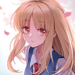 Rule 34 | 1girl, blonde hair, blue vest, blurry, blurry background, brown eyes, cherry blossoms, collared shirt, commentary request, highres, long hair, looking to the side, nauxii, necktie, parted lips, petals, portrait, red necktie, sakura-sou no pet na kanojo, school uniform, shiina mashiro, shirt, simple background, solo, vest, white background, white shirt