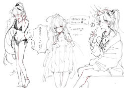 Rule 34 | 2girls, absurdres, bikini, blush, bracelet, chinese commentary, closed mouth, commentary request, cross, cross earrings, earrings, flying sweatdrops, greyscale, headpat, highres, holding, holding clothes, holding jacket, honkai (series), honkai impact 3rd, jacket, jewelry, kiana kaslana, kiana kaslana (herrscher of flamescion), long hair, long sleeves, looking at viewer, mixed-language commentary, monochrome, moonsun77773, multiple girls, musical note, ponytail, raiden mei, sitting, smile, speech bubble, spoken musical note, spot color, swimsuit, unworn jacket