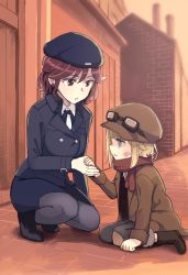Rule 34 | 2girls, 7 (princess principal), age difference, ange (princess principal), bad id, bad pixiv id, beret, boots, bruise, cabbie hat, coat, from side, goggles, goggles on head, holding hands, hat, injury, multiple girls, navy blue hat, niina ryou, open mouth, pantyhose, parted lips, princess principal, profile, scarf, sitting, squatting, tears, wavy mouth, aged down