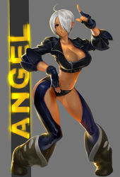 Rule 34 | 1girl, angel (kof), blue eyes, breasts, cleavage, fingerless gloves, gloves, hair over one eye, jintetsu, large breasts, midriff, navel, short hair, snk, solo, the king of fighters, white hair