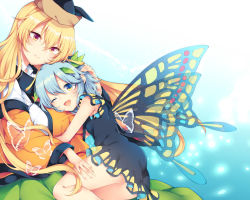 Rule 34 | 2girls, ;d, antennae, aqua background, ass, bare shoulders, black dress, black headwear, blonde hair, blue hair, blush, breasts, bug, butterfly, butterfly wings, commentary request, dress, eternity larva, feet out of frame, gradient background, green skirt, hair between eyes, hug, insect, insect wings, large breasts, leaf, long hair, long sleeves, looking at viewer, matara okina, multiple girls, one eye closed, open mouth, short dress, short hair, skirt, sleeveless, sleeveless dress, smile, tabard, tama (soon32281), touhou, white background, wide sleeves, wings, yellow eyes, yuri