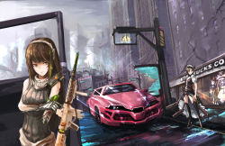Rule 34 | 1girl, absurdres, agent (girls&#039; frontline), amputee, armband, assault rifle, black footwear, black hair, black panties, black thighhighs, blood, blood on face, blood splatter, boots, breasts, broken glass, brown eyes, brown hair, car, chinese text, cityscape, closed mouth, clothes around waist, clothes lift, cloud, cloudy sky, crossed legs, deep wound, double bun, dress, dress lift, expressionless, full body, garter belt, garter straps, girls&#039; frontline, glass, gloves, glowing, glowing eyes, grey eyes, gun, guro, hair between eyes, hair bun, headphones, headset, high heel boots, high heels, highres, holding, holding own arm, injury, jacket, jacket around waist, light, long hair, looking at another, looking at viewer, looking to the side, m4 carbine, m4a1 (girls&#039; frontline), maid, maid headdress, medium breasts, motor vehicle, multicolored hair, multiple girls, outdoors, panties, rifle, rinu99, road, ruins, sangvis ferri, scarf, severed arm, severed limb, sign, single glove, sky, standing, starbucks, streaked hair, street, thigh boots, thighhighs, underwear, vehicle focus, walkie-talkie, warning sign, weapon