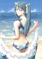 Rule 34 | 1girl, ass, beach, bikini, blue bikini, blue eyes, blue hair, breasts, butt crack, closed mouth, cowboy shot, day, dimples of venus, floral print, from behind, graphite (medium), hair tie, holding, holding towel, isuzu (kancolle), kantai collection, long hair, looking at viewer, looking back, medium breasts, outdoors, single-shoulder bikini, smile, solo, standing, swimsuit, towel, traditional media, twintails, upper body, vent arbre, waves
